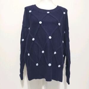 4SI3NNA 4 Sienna Women SIZE M Navy Blue Open Knit Pom Pom Sweater Preppy Festive